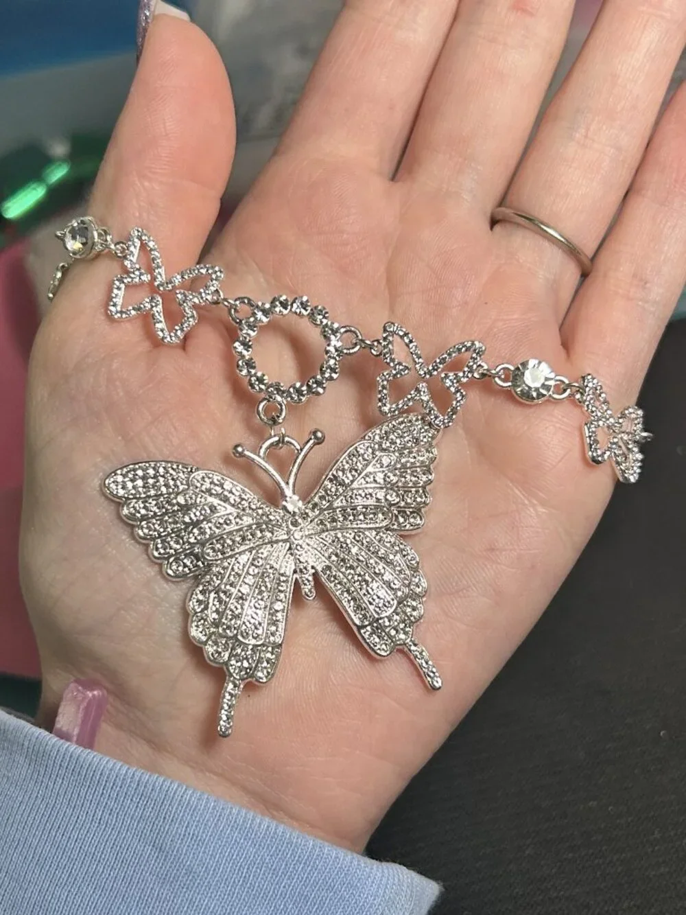 Silver Rhinestone Butterfly Statement Anklet / Ankle Bracelet